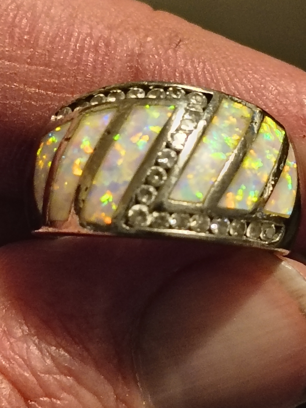Vtg. Sterling Silver Opal Inlay & Cz Handmade Native American Signed Ring Size 8